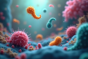 Obraz premium Detailed and Vibrant Depiction of Microbial Life in a Colorful Medical Environment. High-Resolution Bacterial World with Microflora in Focus.