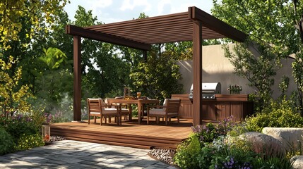 3D-rendered luxury teak deck with BBQ and pergola for a garden setting.