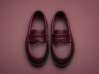 A pair of beautiful kid's burgundy loafer shoes on a solid background