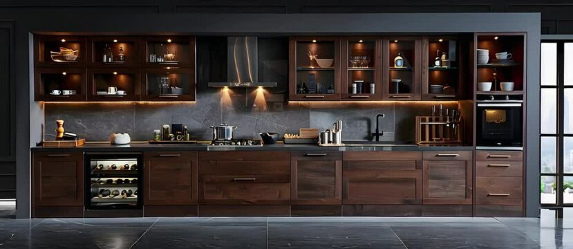 Classic modular kitchen design with dark oak cabinets.