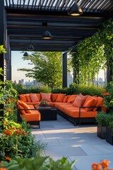 Modern rooftop lounge accented with a black pergola, orange furnishings, and plants.