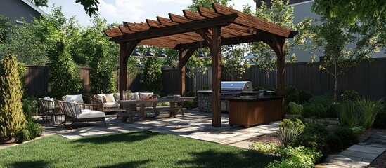 Wooden pergola integrated with a grill station, featured in a quaint backyard patio.