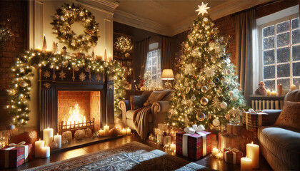 A beautifully decorated living room with a glowing fireplace, Christmas tree, and holiday decorations