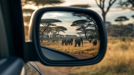 A herd of elephants grazing in the savanna reflected in a rearview mirror of a car.