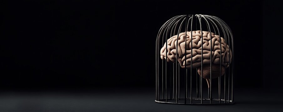 A human brain is trapped inside a metal cage.