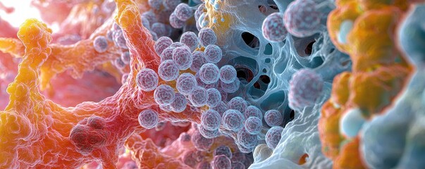 Close-up view of vibrant cellular structures showcasing intricate patterns and textures in a colorful abstract design