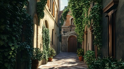 Naklejka premium A serene, ivy-covered alley with stone walls, featuring potted plants and sunshine illuminating the path, creating a picturesque scene of tranquility.