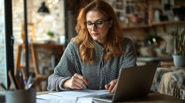Elderly serious lady in glasses reading document and making notes in planner while sitting at table with laptop and working on freelance project at home