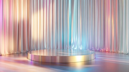 A metallic podium sits in front of a vibrant holographic curtain.