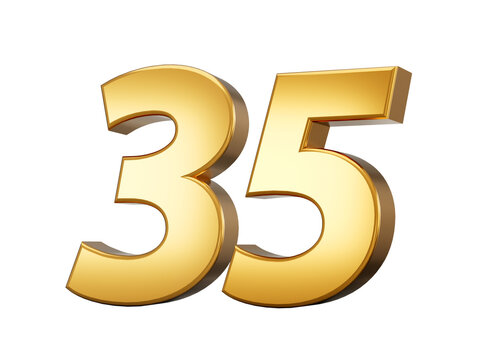 Golden metallic Number 35 Thirty five, White background 3d illustration
