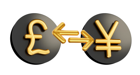 3d Golden Pound And Yen Symbol On Rounded Black Icons With Money Exchange Arrows, 3d illustration
