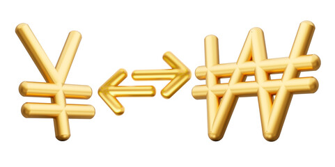 3d Golden Yen And Won Symbol Icons With Money Exchange Arrows On White Background, 3d illustration
