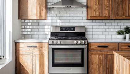Fototapeta premium A modern kitchen featuring a stainless steel stove, wooden cabinets, and a sleek backsplash, designed for cooking and dining.