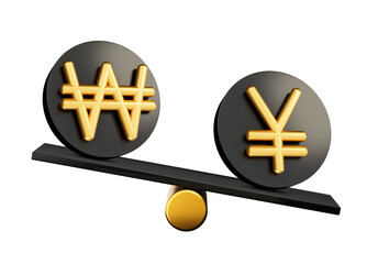 3d Golden Won And Yen Symbol On Rounded Black Icons With 3d Balance Weight Seesaw 3d illustration
