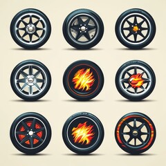 Set of   Car Wheels with Flames Design and Rim Variations
