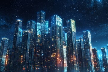 Fototapeta premium Futuristic cityscape glowing under the night sky. Tall skyscrapers shine like stars in the dark. A blend of technology and imagination. Generative AI