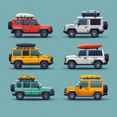 Set of Six Colorful Off Road Vehicles with Roof Racks and Accessories