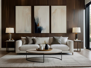 Modern living room interior featuring cozy, plush white sofas a wooden side table with decorative items, and minimalist decor. The space is enhanced by a large abstract painting and a soft rug