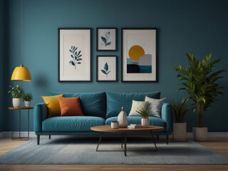 Modern living room interior featuring cozy, plush white sofas a wooden side table with decorative items, and minimalist decor. The space is enhanced by a large abstract painting and a soft rug