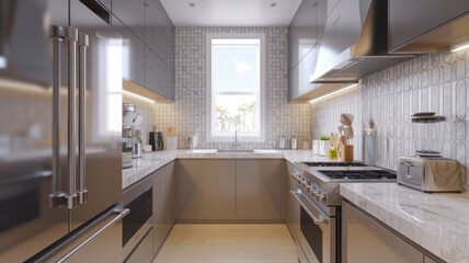 A modern kitchen with stainless steel appliances and a marble backsplash. This image is perfect for interior design, home decor, and lifestyle blogs.