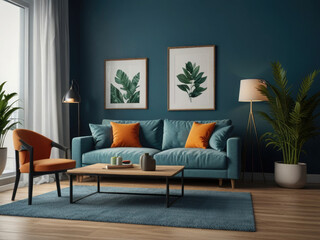Modern living room interior featuring cozy, plush white sofas a wooden side table with decorative items, and minimalist decor. The space is enhanced by a large abstract painting and a soft rug