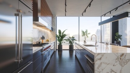 Fototapeta premium A modern kitchen with stainless steel appliances and a marble backsplash. This image is perfect for interior design, home decor, and lifestyle blogs.