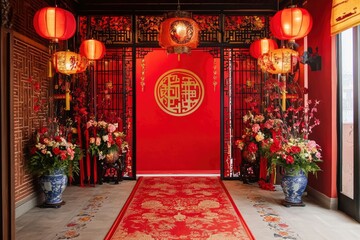 Decorating Design Chinese new year 2025 red background with generative ai