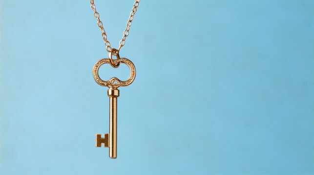 golden key pendant hanging on delicate chain symbolizes access to opportunities and prosperous life. Its elegant design evokes feelings of hope and ambition - Powered by Adobe