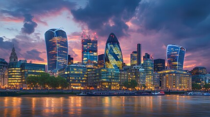 Fototapeta premium A stunning skyline view of London's modern architecture illuminated at dusk, reflecting on the river.