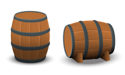 Set of realistic oak barrels isolated on white background.