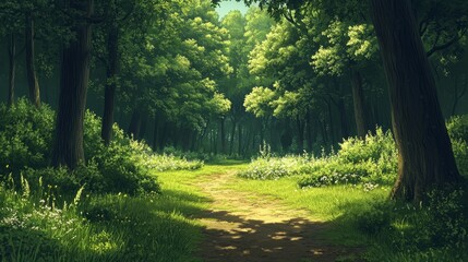 Fototapeta premium Sunlit Forest Path with Green Trees and White Flowers