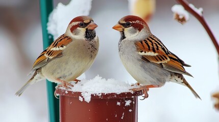 Fototapeta premium Charming sparrows gather around a winter bird feeder for a cozy meal in the cold season