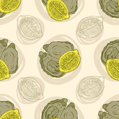 Seamless Pattern with Oysters and Lemon. Color sketch style hand drawn background. Detailed illustration, hand drawn. Great for fabric and textile, prints, invitation, packaging
