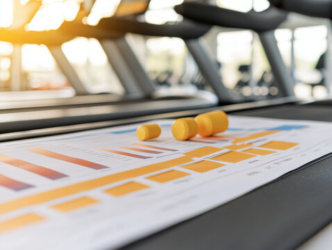 Achieve your fitness goals with motivation from financial charts and weights in gym setting. This captures essence of determination and progress