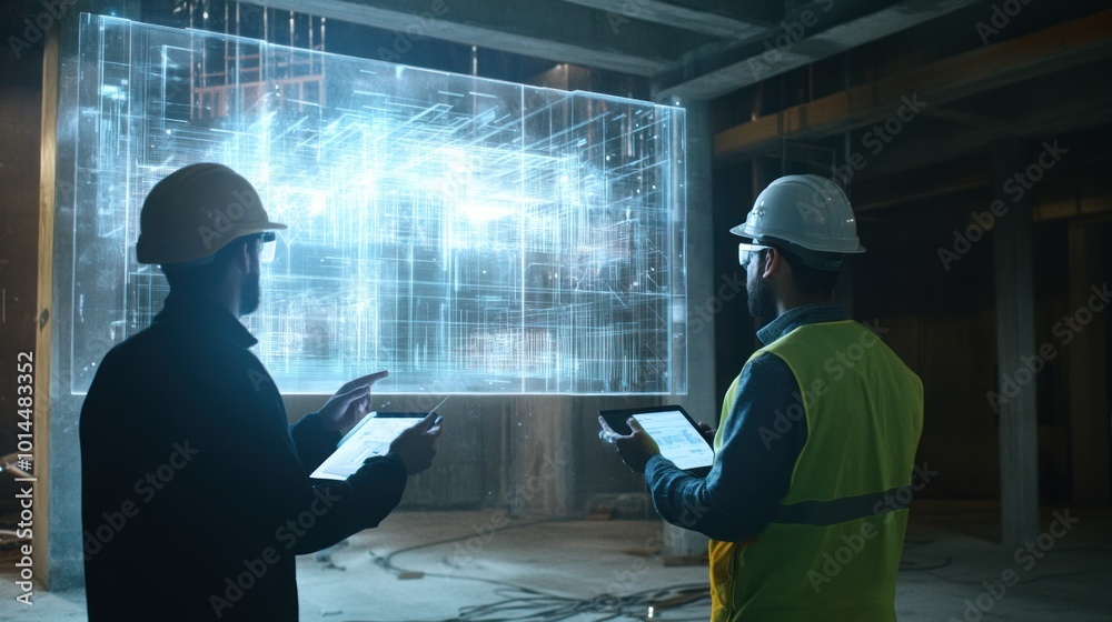Aufkleber two construction workers using digital technology to inspect a building blueprint