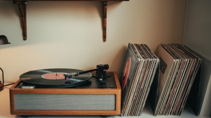 A vintage phonograph with a stack of vinyl records, perfect for a retro music theme. The image...