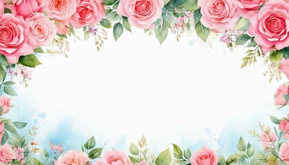Delicate pink roses framing the top and bottom with soft green leaves. watercolor illustration, for border, wreath, frame. Perfect wedding stationary, greetings, fashion, background.