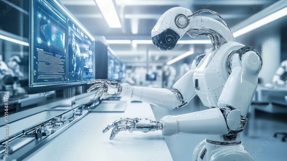 Poster A humanoid robot interacting with a computer screen in a futuristic laboratory setting.