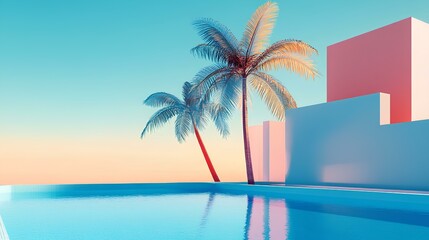A serene pool scene features palm trees and pastel-colored buildings under a vibrant sky, evoking tranquility and modern aesthetics.