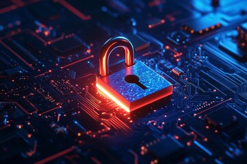 The cybersecurity padlock on a circuit board