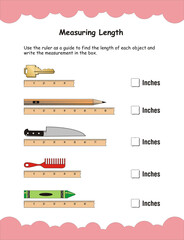 Measuring length. Use the ruler as a guide to find the length of each object and write the measurement in the box. Key, Pencil, Knife, Comb, Crayon