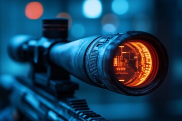Futuristic eyes on military weapons, sniper aim pointer.