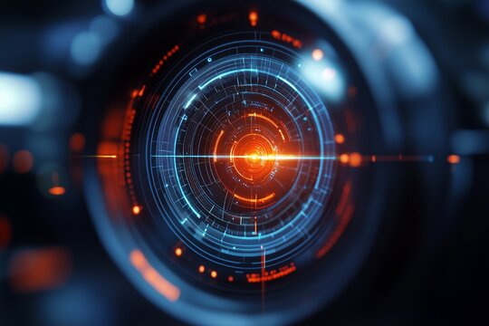 Futuristic eyes on military weapons, sniper aim pointer.