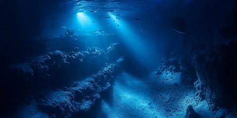 Obraz premium Underwater cave with sunlight shining through, illuminating the dark water and showcasing a few fish swimming in the blue abyss.