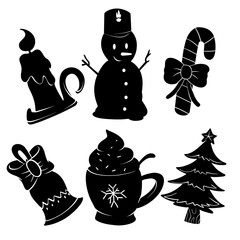 Christmas Silhouette Vector Set with Snowman, Tree, and Holiday Icons