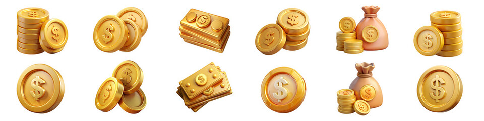 A modern 3D set featuring various coins, bags of money, and icons representing the golden dollar symbol, showcasing wealth and success in finance and investment
