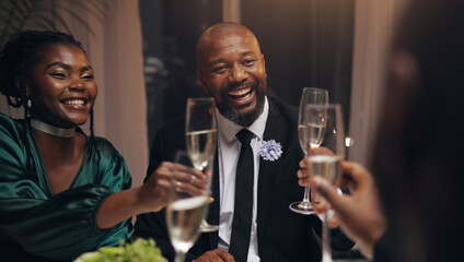 Business people, excited and toast champagne at party in celebration, goal or diversity for success with smile at night. Team, drinks and alcohol for cheers, congratulations or new year at gala event
