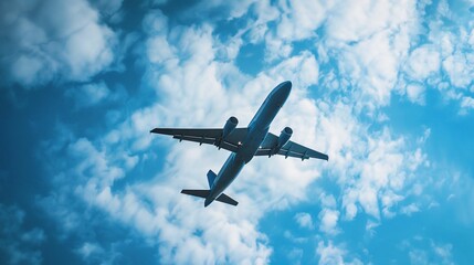 Airplane flying through a blue sky with scattered clouds in daylight