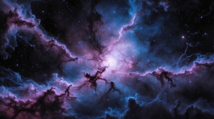 Obraz premium dark nebula in the depths of space, where newly forming stars shine with a soft, ethereal glow, tracing the outline of constellations amidst the vibrant, electrifying swirls of iridescent gas and dust