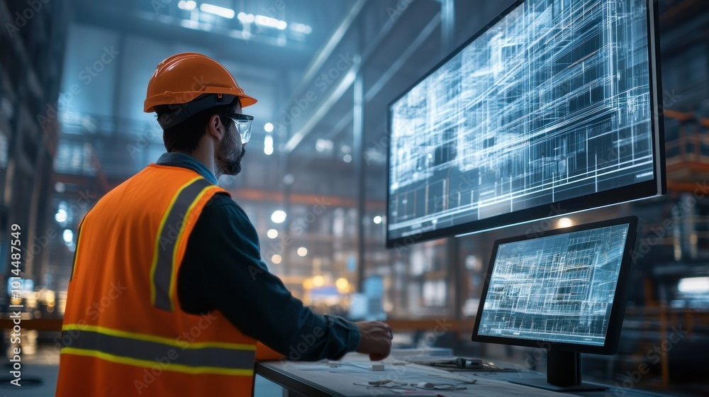 Poster construction worker reviewing digital building plans on a computer monitor